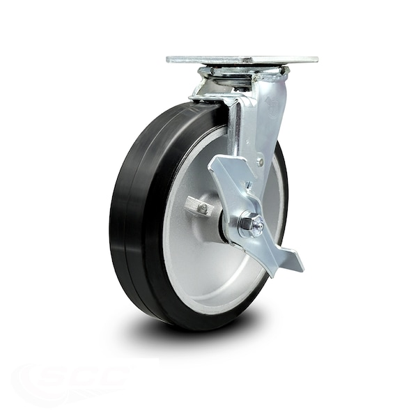 Service Caster 8 Inch Rubber on Aluminum Swivel Caster with Roller Bearing and Brake SCC SCC-30CS820-RAR-TLB - main